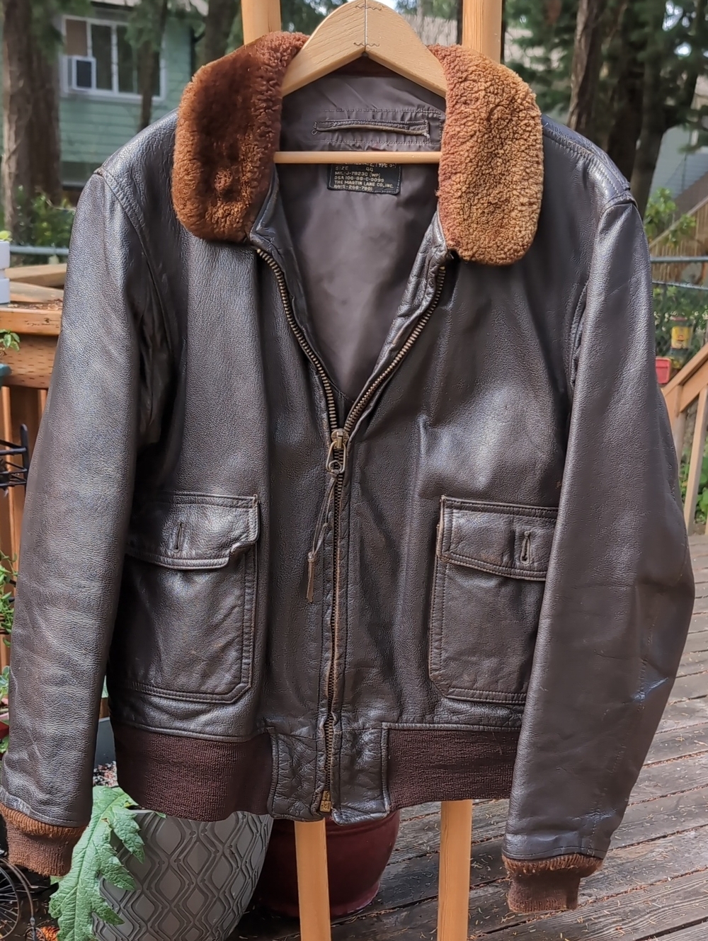 60s Genuine Sherpa Classic Brown Leather Bomber Jacket with Shearling Collar Nav